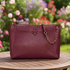 NEW Tory Burch Mcgraw Imperial Garnet Burgundy Chain Strap Slouchy Shoulder Tote